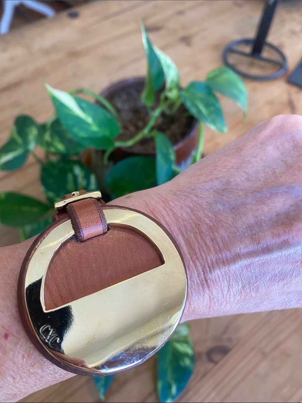 CXC Gold & Brown Leather Disc Bracelet - Chic Style